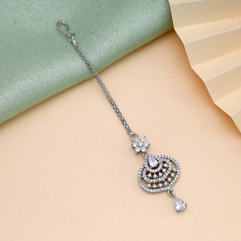 Silver color american diamond maang tikka