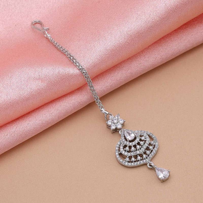 Silver color american diamond maang tikka