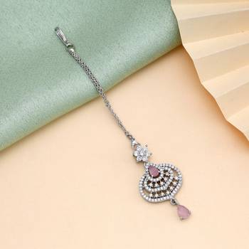 Pink color american diamond maang tikka 1