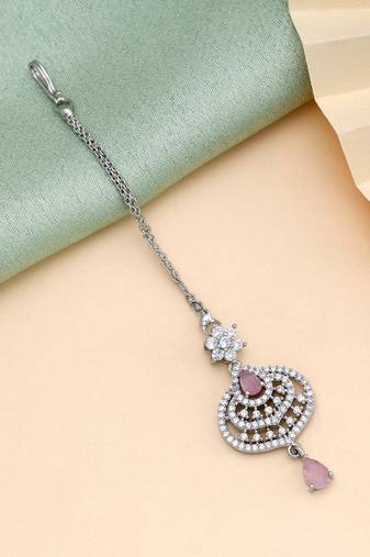 Pink color american diamond maang tikka