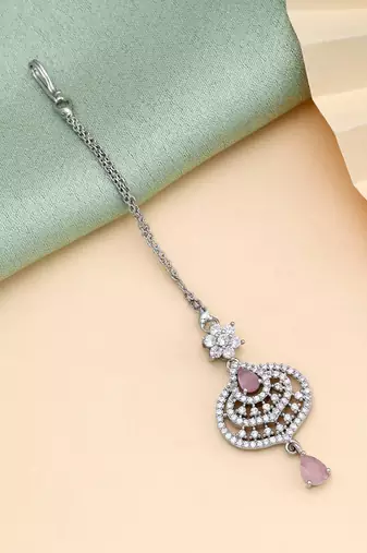 Pink color american diamond maang tikka