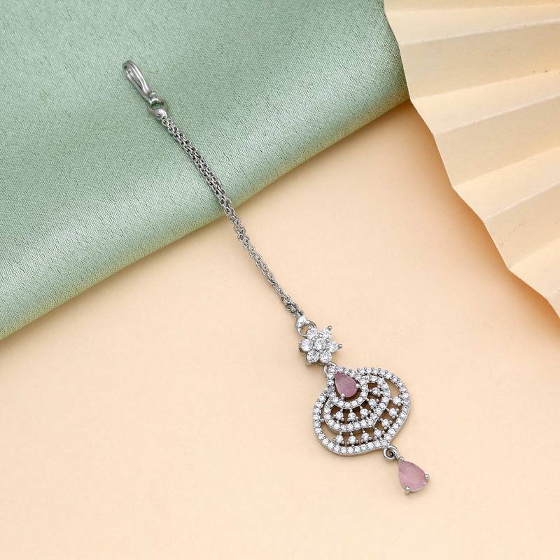 Pink color american diamond maang tikka