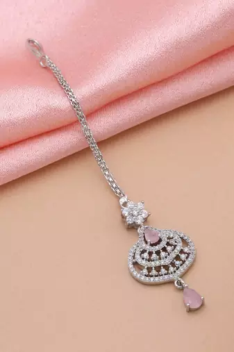 Pink color american diamond maang tikka