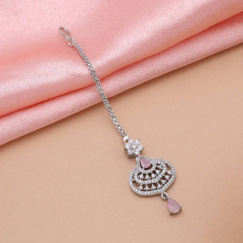 Pink color american diamond maang tikka