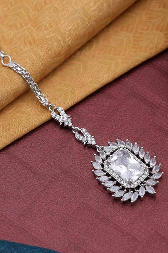 Silver color american diamond maang tikka