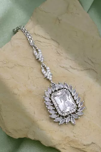 Silver color american diamond maang tikka