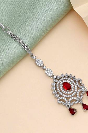 Red color american diamond maang tikka