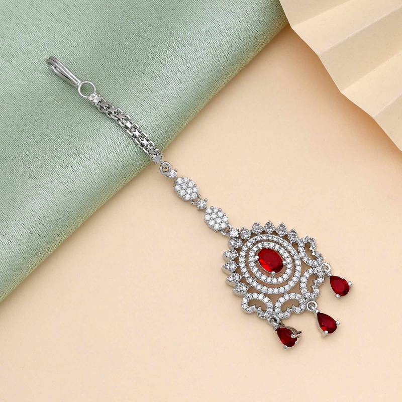 Red color american diamond maang tikka