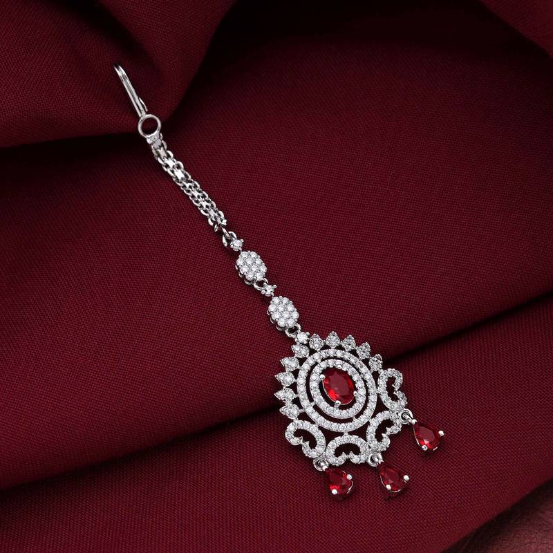 Red color american diamond maang tikka