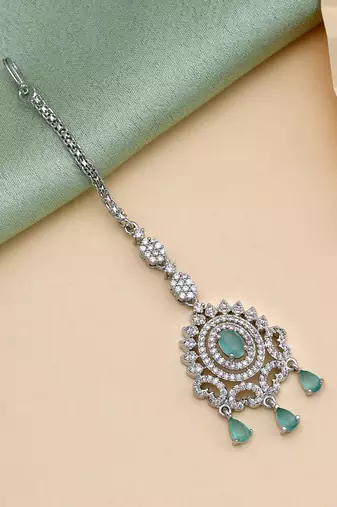 Pista green color american diamond maang tikka