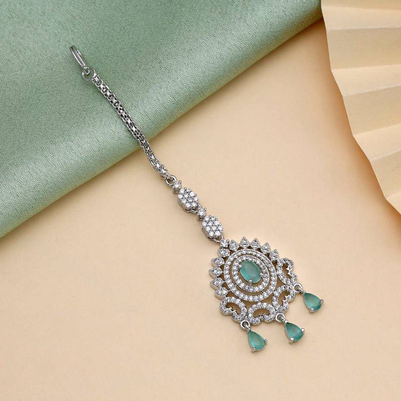 Pista green color american diamond maang tikka