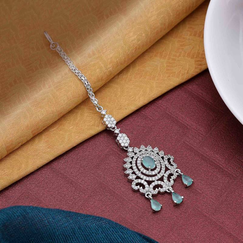 Pista green color american diamond maang tikka