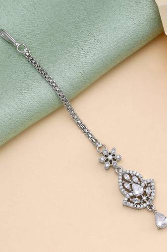 Silver color american diamond maang tikka
