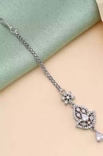 Silver color american diamond maang tikka