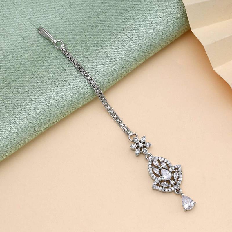 Silver color american diamond maang tikka