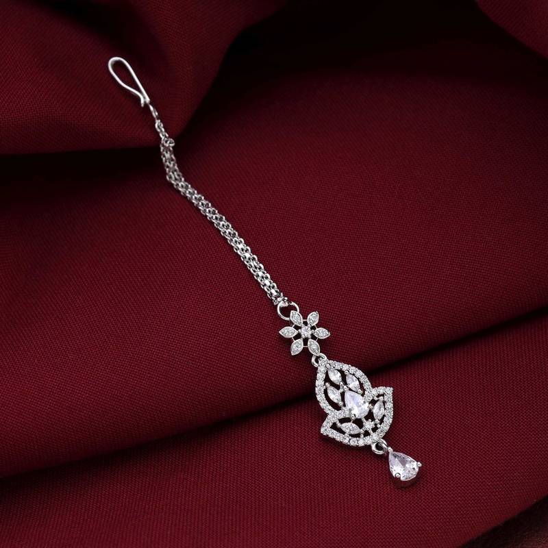 Silver color american diamond maang tikka