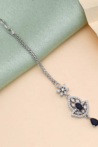 Navy blue color american diamond maang tikka