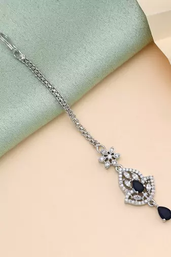 Navy blue color american diamond maang tikka