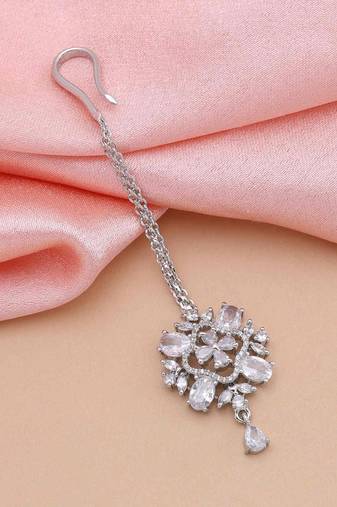 Silver color american diamond maang tikka