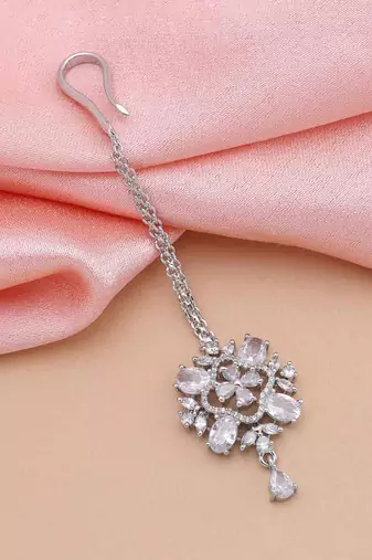 Silver color american diamond maang tikka