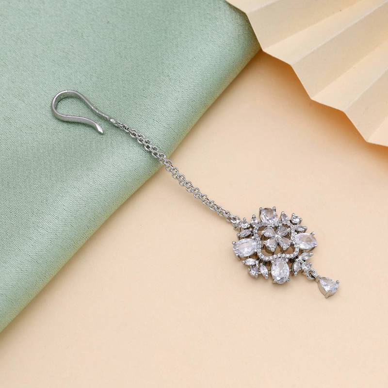 Silver color american diamond maang tikka