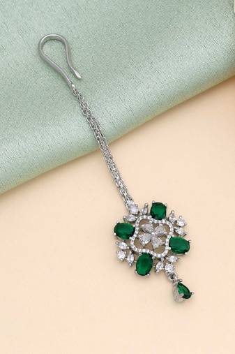 Green color american diamond maang tikka