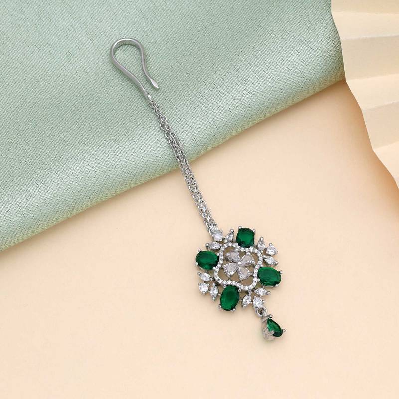 Green color american diamond maang tikka