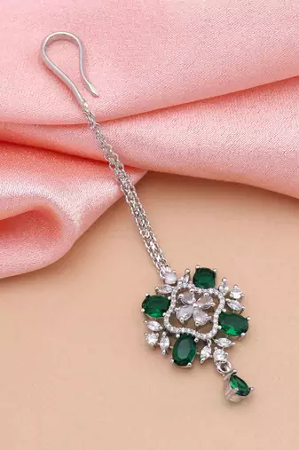 Green color american diamond maang tikka