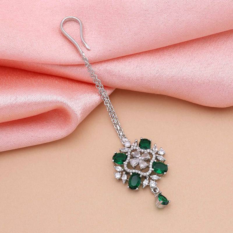 Green color american diamond maang tikka