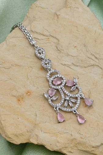 Pink color american diamond maang tikka