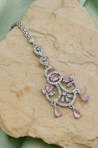 Pink color american diamond maang tikka