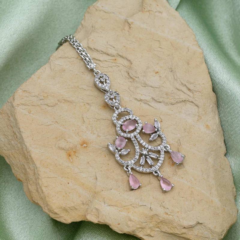 Pink color american diamond maang tikka