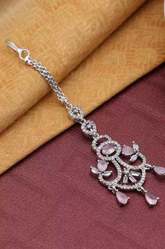 Pink color american diamond maang tikka
