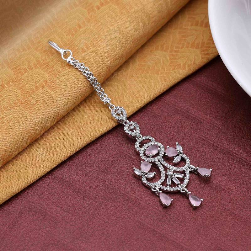 Pink color american diamond maang tikka