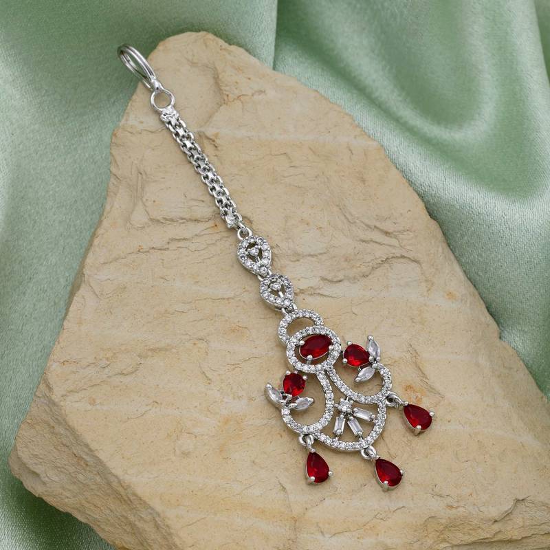Red color american diamond maang tikka