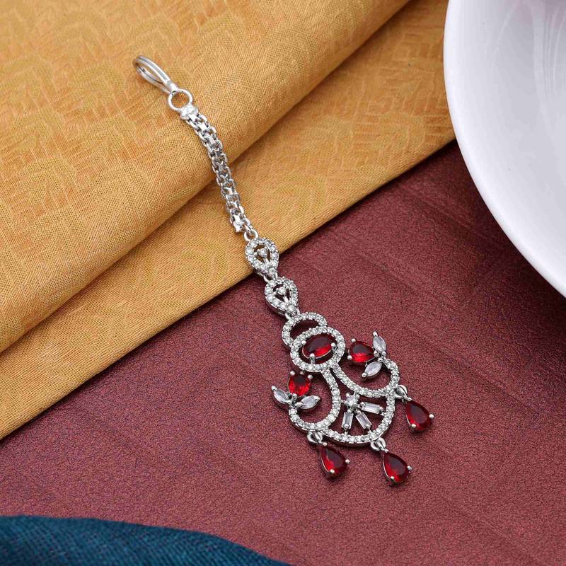 Red color american diamond maang tikka