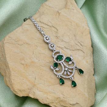 Green color american diamond maang tikka 1