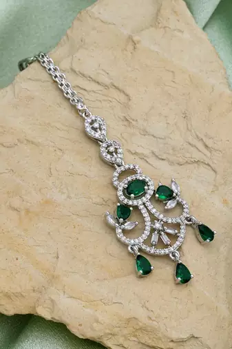 Green color american diamond maang tikka