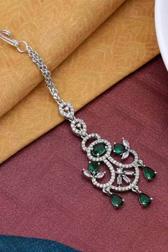 Green color american diamond maang tikka