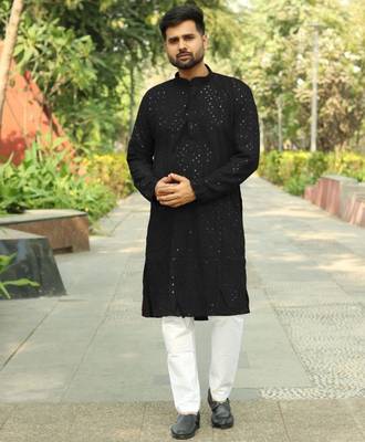 Men's  heavy rayon chikan work kurta set     black | festive & partywear ethnic outfit 1
