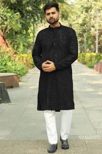 Men’s heavy rayon chikan work kurta set – black | festive & partywear ethnic outfit