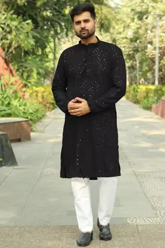 Men’s heavy rayon chikan work kurta set – black | festive & partywear ethnic outfit