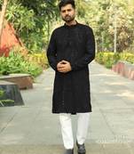 Men’s heavy rayon chikan work kurta set – black | festive & partywear ethnic outfit