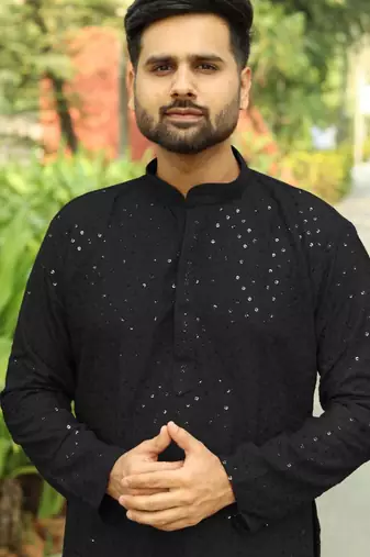 Men's  heavy rayon chikan work kurta set     black | festive & partywear ethnic outfit