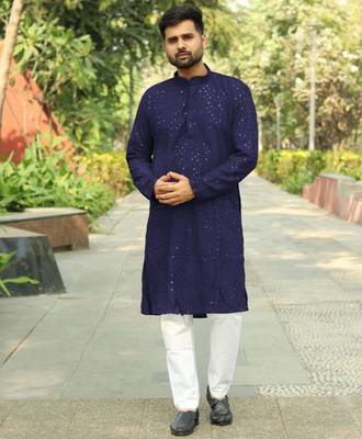 Men's  heavy rayon chikan work kurta set     navy blue | traditional & stylish wear 1