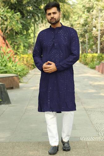 Men   s heavy rayon chikan work kurta set     navy blue | traditional & stylish wear