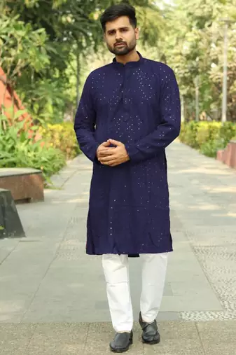 Men   s heavy rayon chikan work kurta set     navy blue | traditional & stylish wear