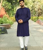 Men   s heavy rayon chikan work kurta set     navy blue | traditional & stylish wear