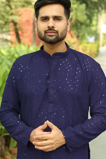Men's  heavy rayon chikan work kurta set     navy blue | traditional & stylish wear