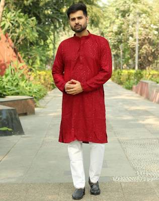 Men's  heavy rayon chikan work kurta set     red | festive wedding ethnic wear 1